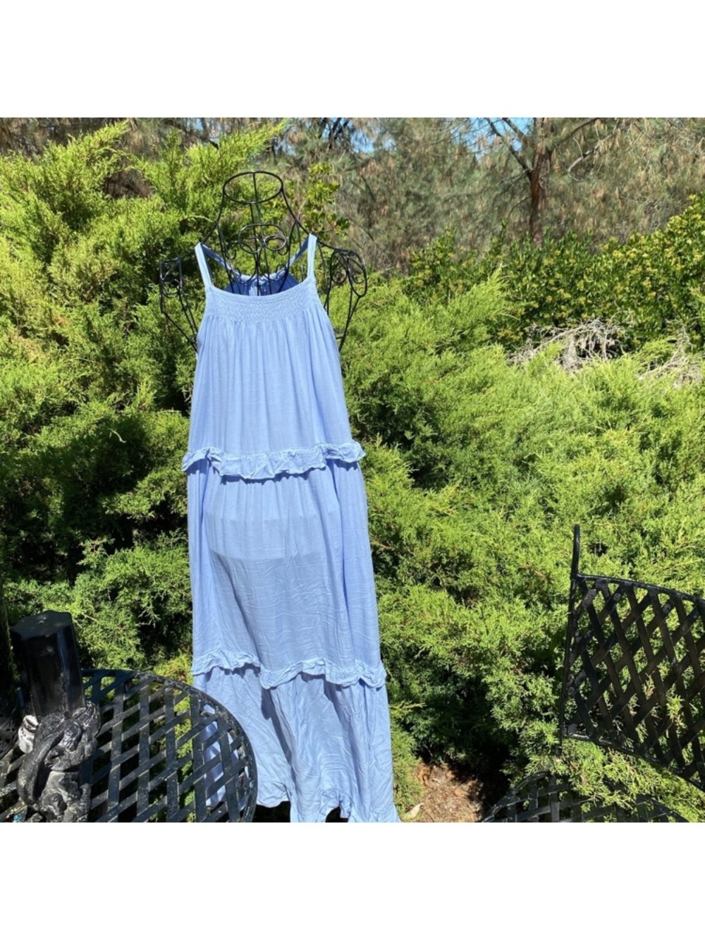 Sleeveless Light Blue Tiered Midi Dress with Tie Neck - Picture 8 of 11